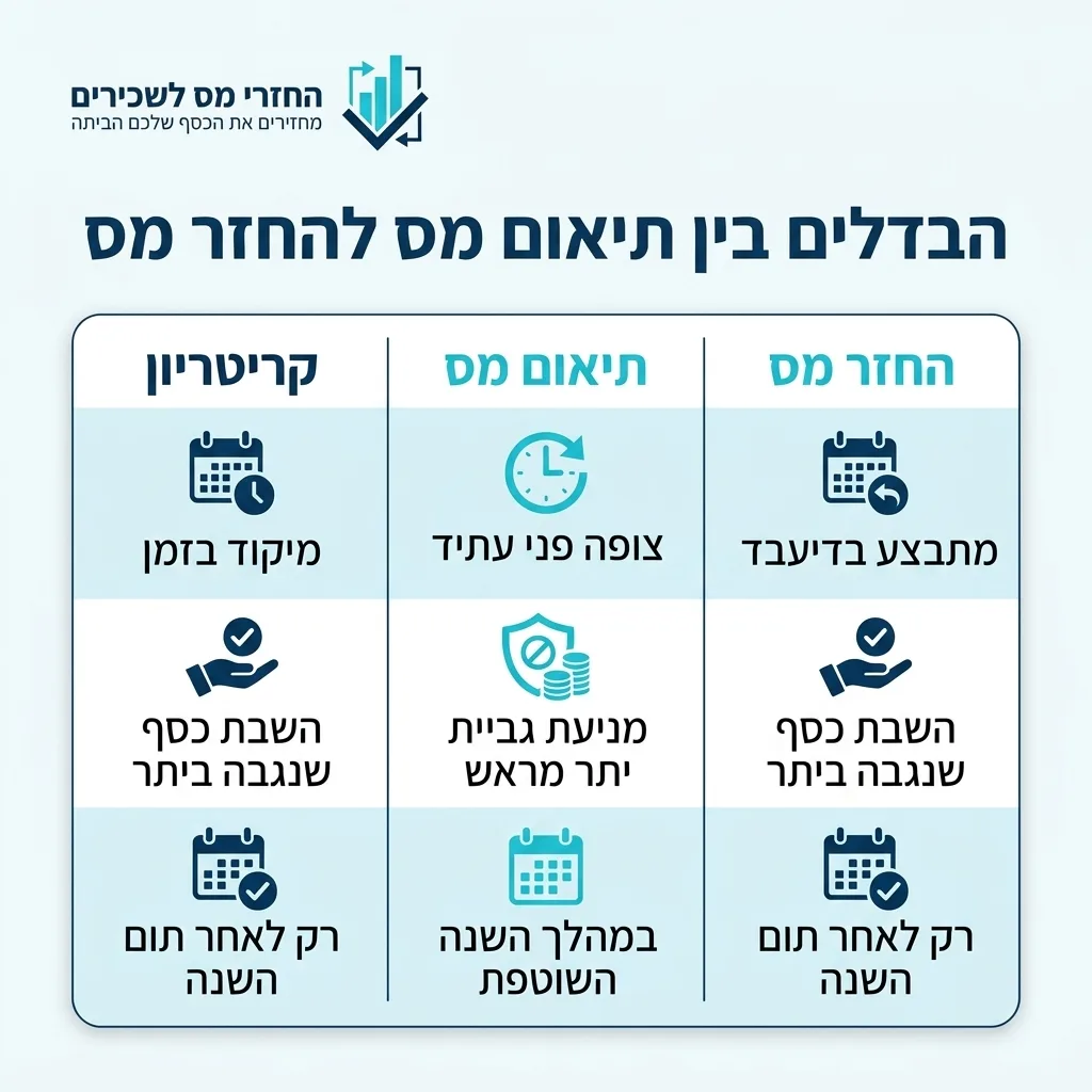 אינפוגרפיקה — הבדלים בין תיאום מס להחזר מס: השוואה בין תיאום מס, החזר מס