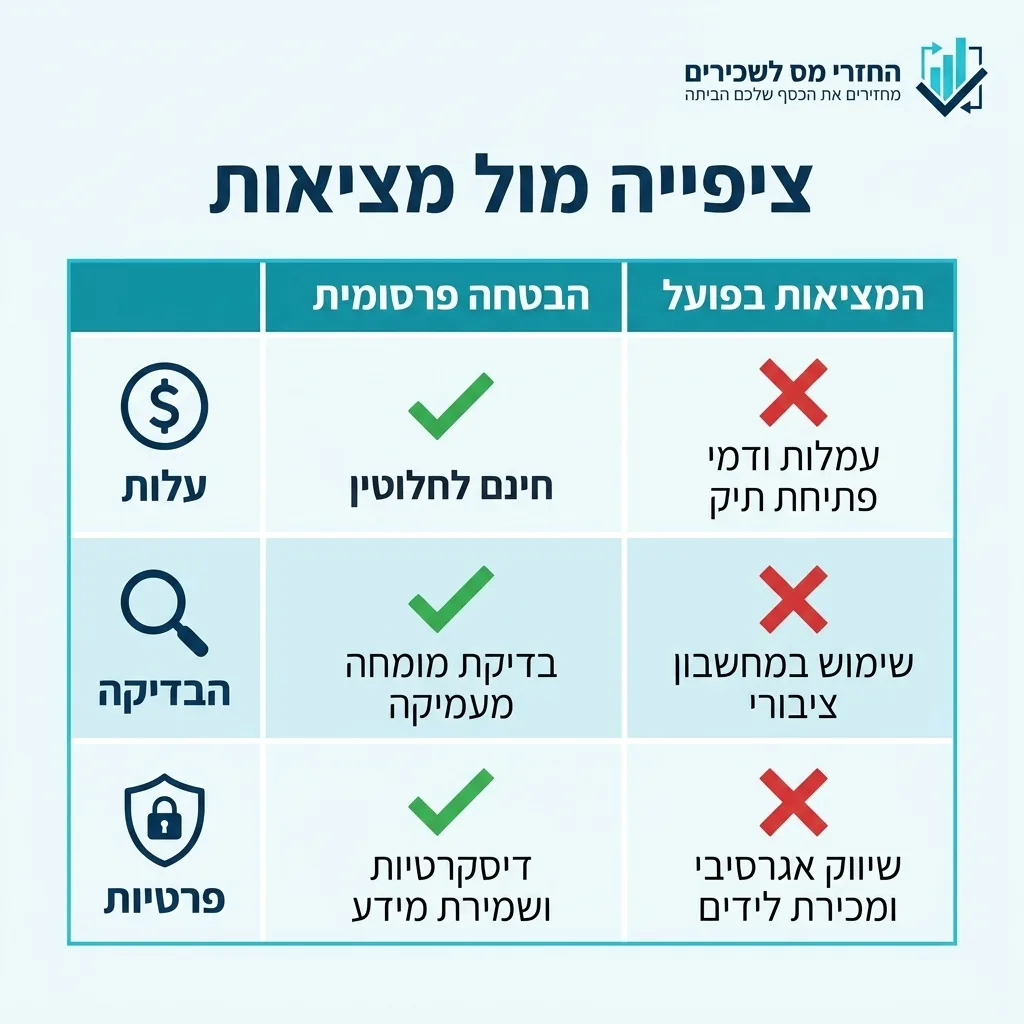 אינפוגרפיקה — ציפייה מול מציאות: השוואה בין הבטחה פרסומית, המציאות בפועל
