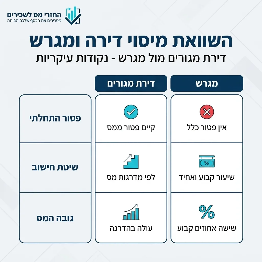אינפוגרפיקה — השוואת מיסוי דירה ומגרש: השוואה בין דירת מגורים, מגרש