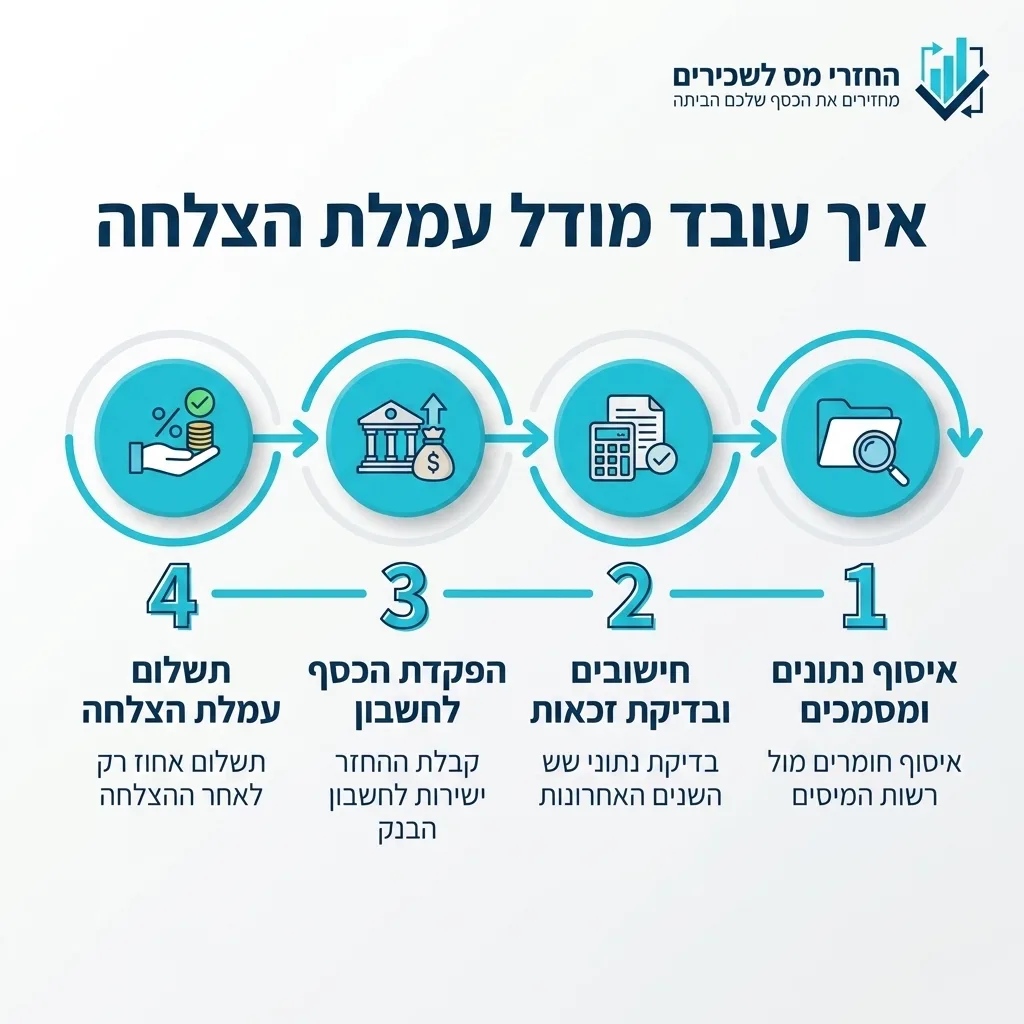 אינפוגרפיקה — איך עובד מודל עמלת הצלחה: איסוף נתונים ומסמכים, חישובים ובדיקת זכאות, הפקדת הכסף לחשבון, תשלום עמלת הצלחה