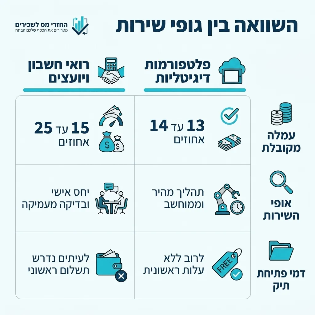 אינפוגרפיקה — השוואה בין גופי שירות: השוואה בין רואי חשבון ויועצים, פלטפורמות דיגיטליות