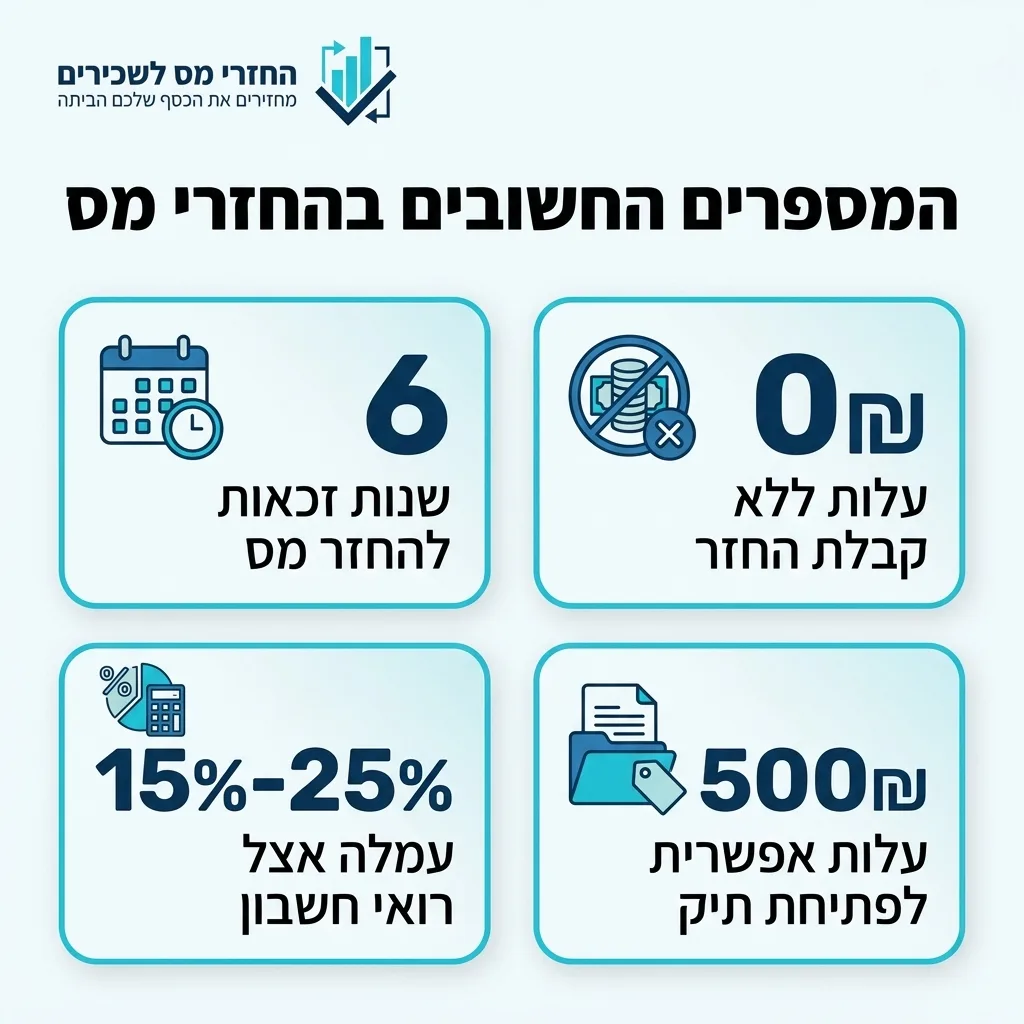 אינפוגרפיקה — המספרים החשובים בהחזרי מס: שנות זכאות להחזר מס, עלות ללא קבלת החזר, עמלה אצל רואי חשבון, עלות אפשרית לפתיחת תיק