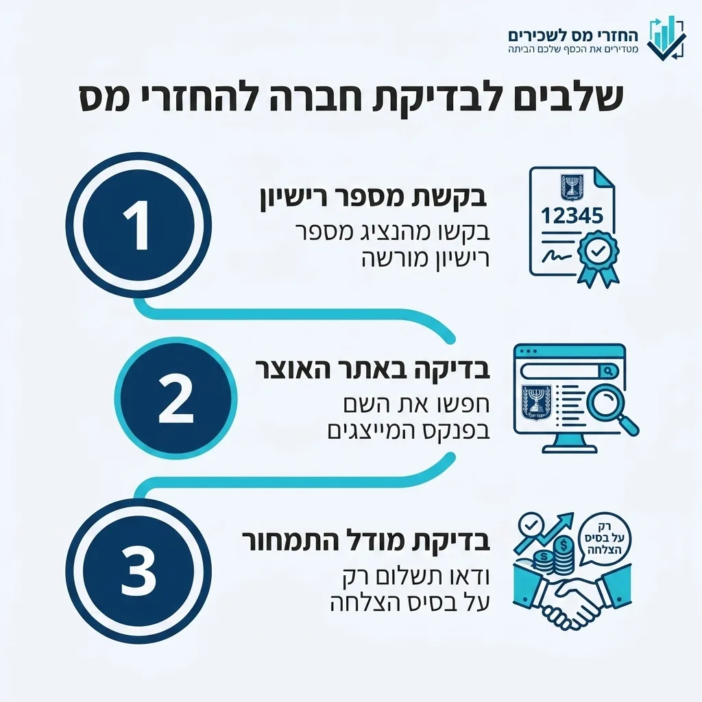 אינפוגרפיקה — שלבים לבדיקת חברה להחזרי מס: בקשת מספר רישיון, בדיקה באתר האוצר, בדיקת מודל התמחור