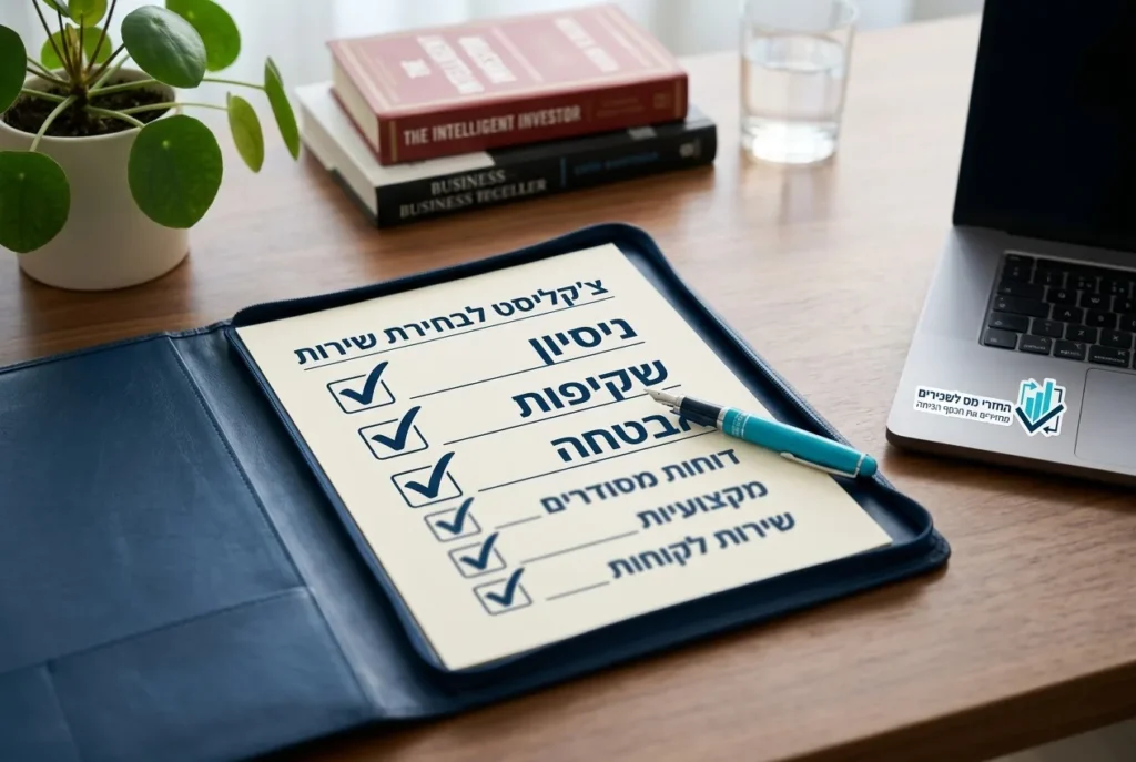 איור של צ'קליסט עם וי גדול ליד סעיפים כמו 'ניסיון', 'שקיפות', 'אבטחה'.
