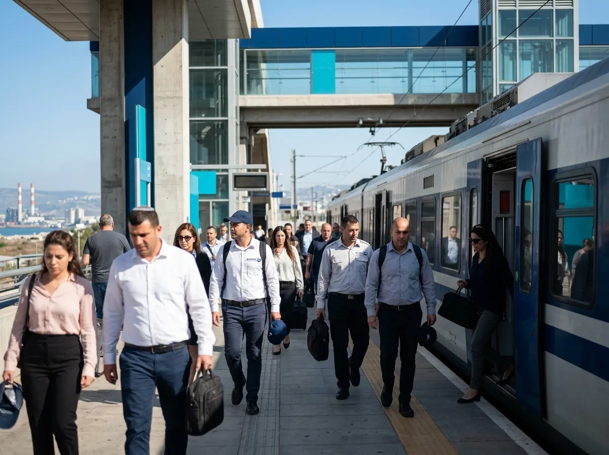צילום מציאותי של רכבת נוסעים עוצרת בתחנה מודרנית באזור מפרץ חיפה בבוקר, אנשים עם תיקים יורדים אל הרציף, יום שמש בהיר