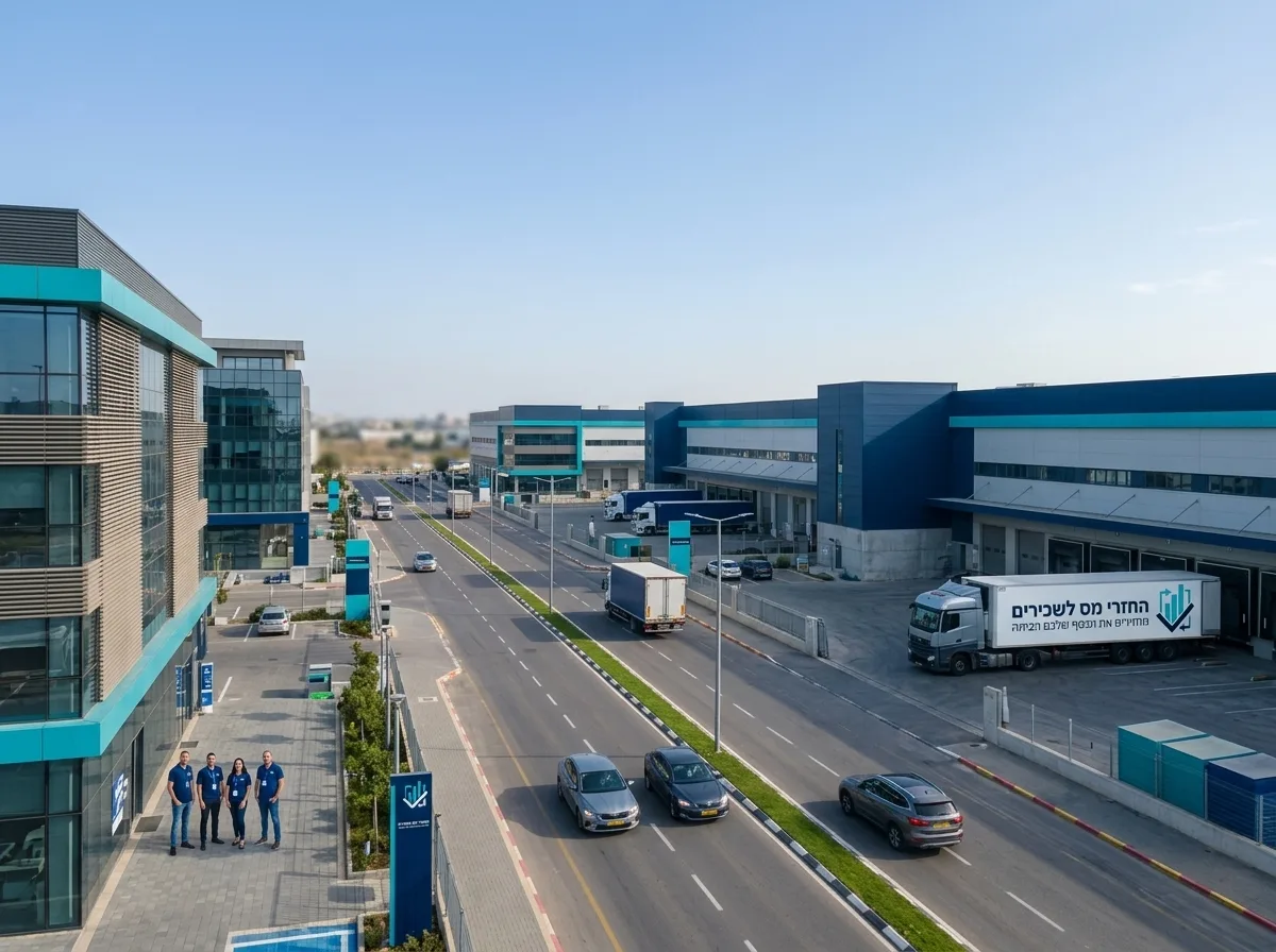 צילום ריאליסטי של מתחם תעשייה ומסחר מודרני באזור הקריות, בנייני משרדים חדשים משולבים עם מבני לוגיסטיקה גדולים, כביש רחב ורכבים נוסעים, שמיים בהירים, תאורת יום טבעית