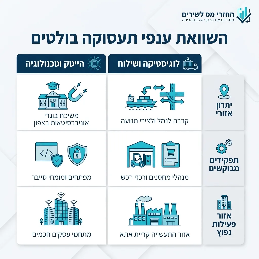 אינפוגרפיקה — השוואת ענפי תעסוקה בולטים: השוואה בין הייטק וטכנולוגיה, לוגיסטיקה ושילוח