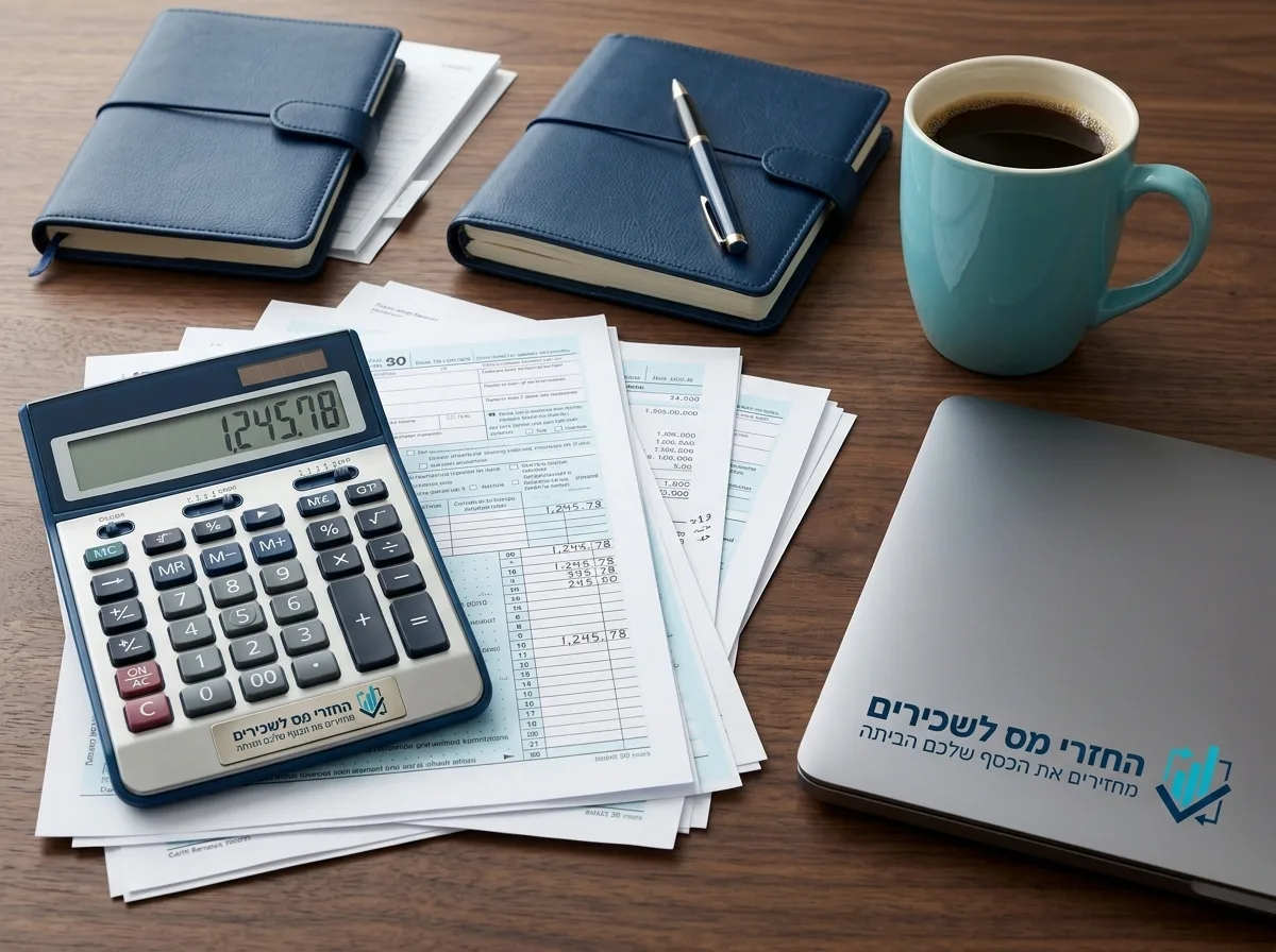 צילום של טפסים פיננסיים, מחשבון משולחן עבודה מסודר וכוס קפה, פוקוס עמוק על המספרים