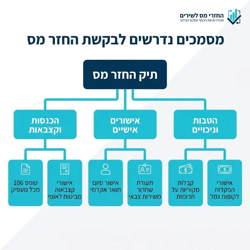 אינפוגרפיקה — מסמכים נדרשים לבקשת החזר מס: תיק החזר מס
