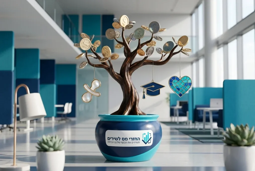 איור של עץ כסף שעליו תלויים אייקונים המייצגים את הזיכויים השונים (מוצץ לתינוק, כובע אקדמי, לב לתרומה).