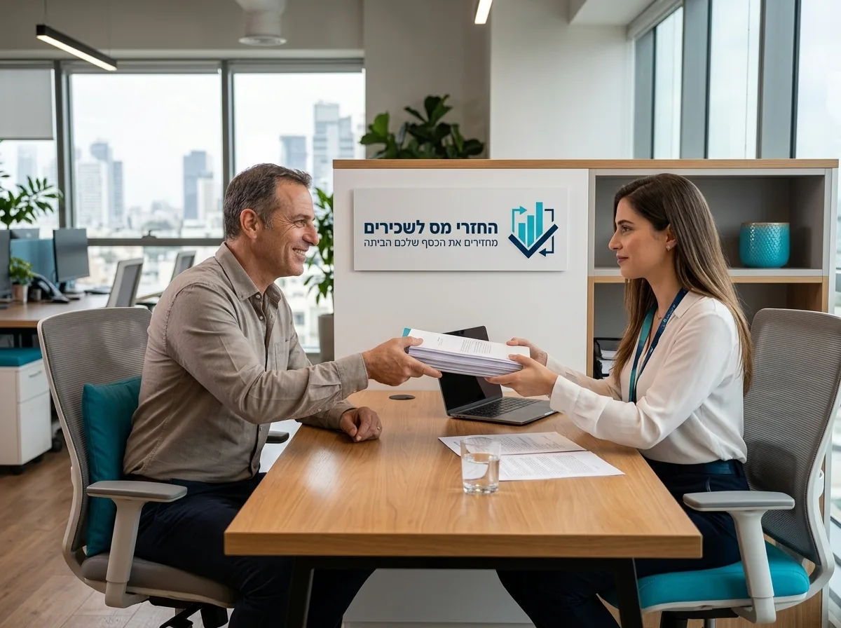 צילום ריאליסטי של לקוח ישראלי מחויך מגיש תיקיית מסמכים מאורגנת לרואה חשבון במשרד מודרני, אווירה של הקלה ושירות טוב