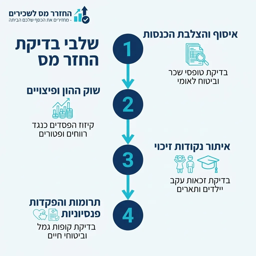 אינפוגרפיקה — שלבי בדיקת החזר מס: איסוף והצלבת הכנסות, שוק ההון ופיצויים, איתור נקודות זיכוי, תרומות והפקדות פנסיוניות