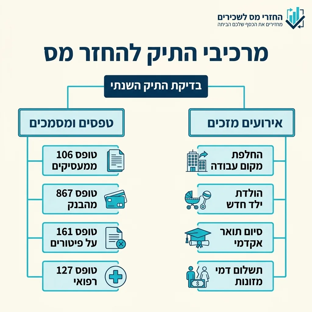 אינפוגרפיקה — מרכיבי התיק להחזר מס: בדיקת התיק השנתי
