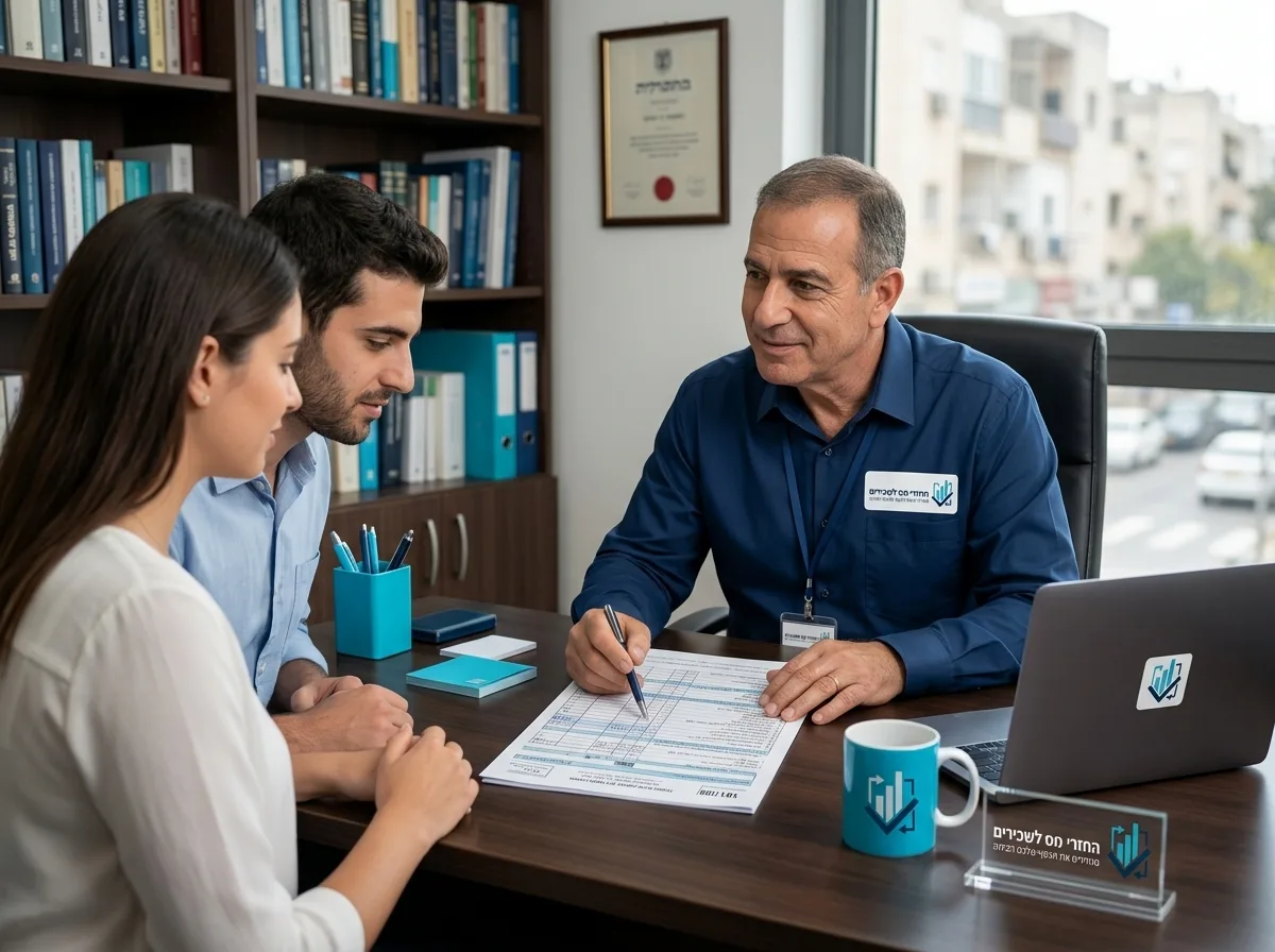 צילום איכותי של רואה חשבון ישראלי מנוסה יושב במשרד מואר, מסביר בסבלנות לזוג צעיר תוך כדי הצבעה על שורות בטופס מודפס, אווירה מקצועית ואמינה