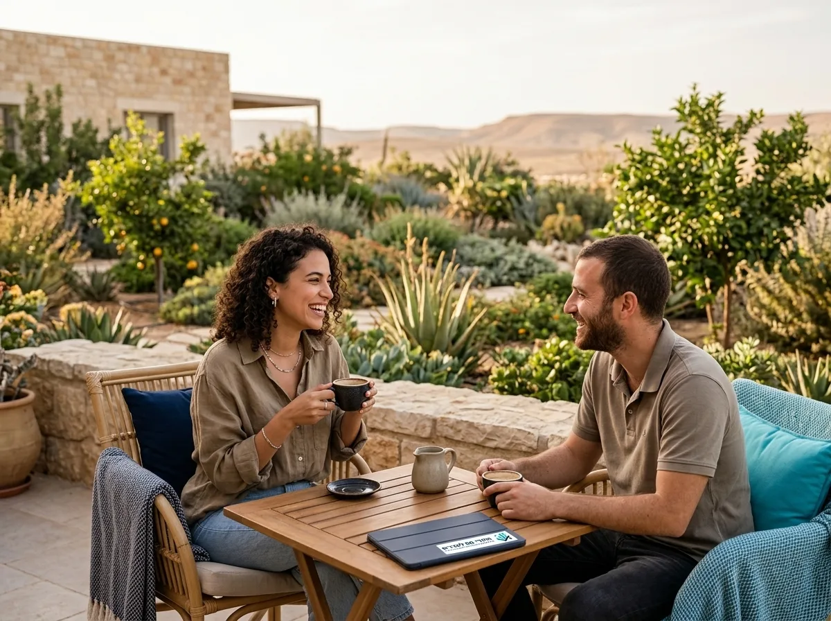 צילום של זוג צעיר ישראלי בגינה של בית פרטי בנגב, יושבים סביב שולחן ושותים קפה כשהם מחייכים, באווירה נינוחה ושמשית
