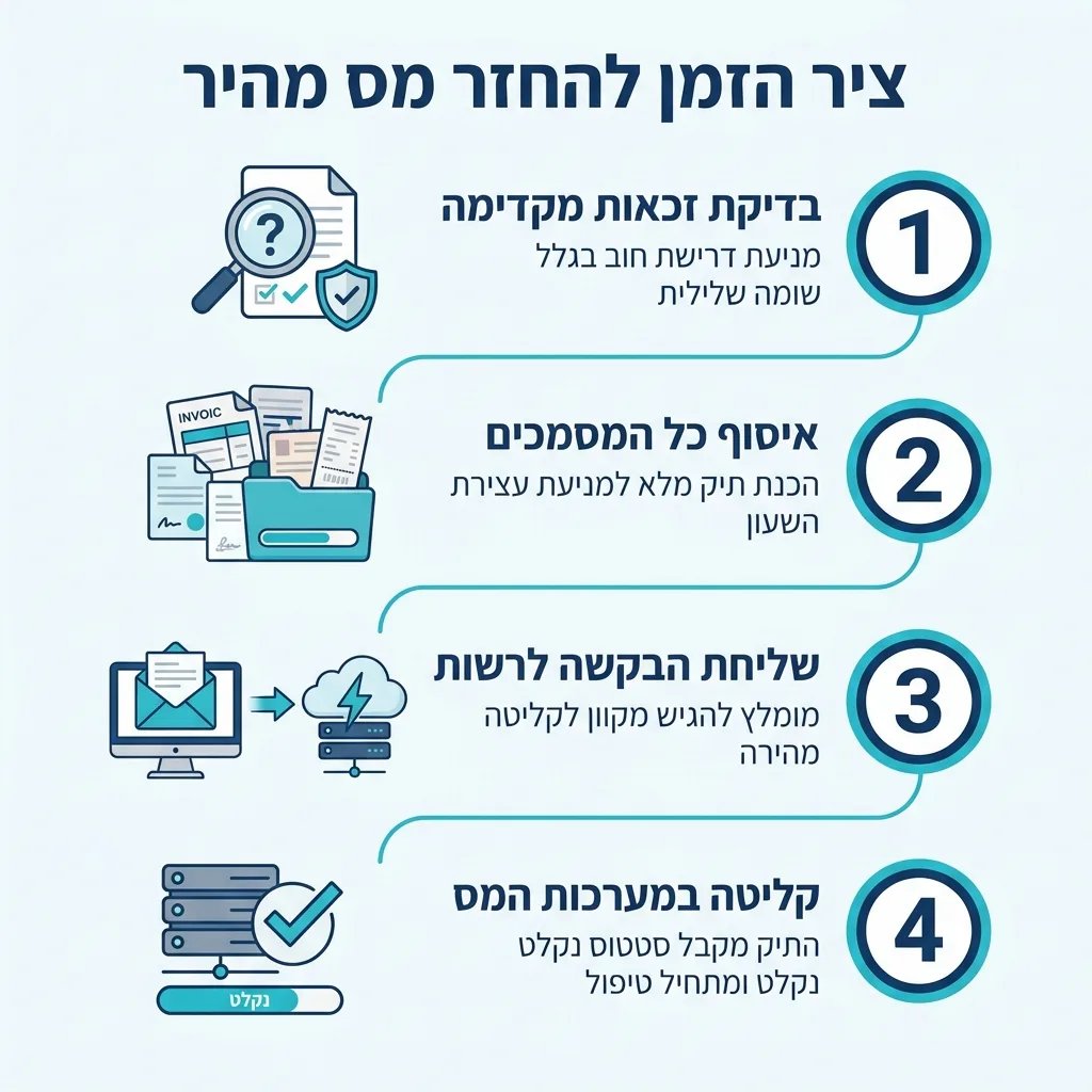אינפוגרפיקה — ציר הזמן להחזר מס מהיר: בדיקת זכאות מקדימה, איסוף כל המסמכים, שליחת הבקשה לרשות, קליטה במערכות המס